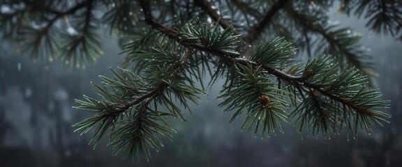 Moody image of winter rain drops on pine tree branches, macro, dark background, close-up, atmosphere, wet