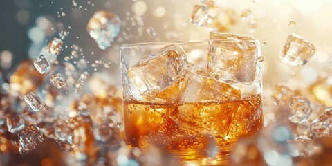 Refreshing drink splashes with ice cubes in a vibrant setting during a summer afternoon