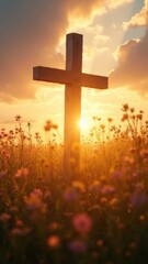 Wooden cross is standing in a field of flowers. The sun is shining brightly on the cross, creating a warm and peaceful atmosphere