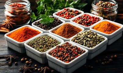 Fototapeta premium Colorful Assortment Of Spices In White Bowls On Dark Wooden Surface