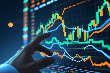 A close-up of a hand pointing at a financial chart displaying various data analytics and market trends,new age touching a growth graph and business plan on a virtual screen with a financial chart.