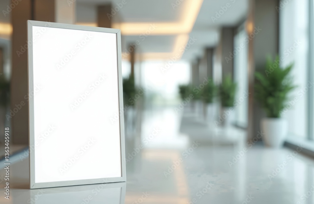 Poster blank white poster frame stands on shiny surface. empty frame offers display space for ad, promotion
