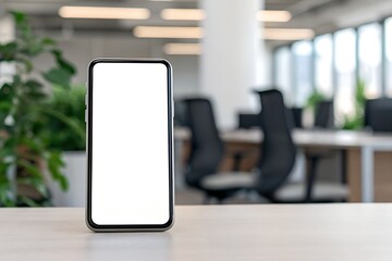 Smartphone mockup with blank white screen standing on desk in blurred office setting. Clean and realistic template for business or app design presentation.