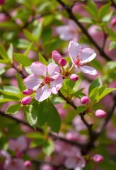 Obraz premium Delicate pink cherry blossom, single bloom against vibrant green foliage, blossom, pink blossom, nature