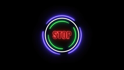 Stop neon sign with red letters surrounded by a circular design featuring blue and green lights.