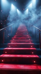 Dramatic red carpet stairs illuminated by soft lights and mist create an enchanting atmosphere at an evening event
