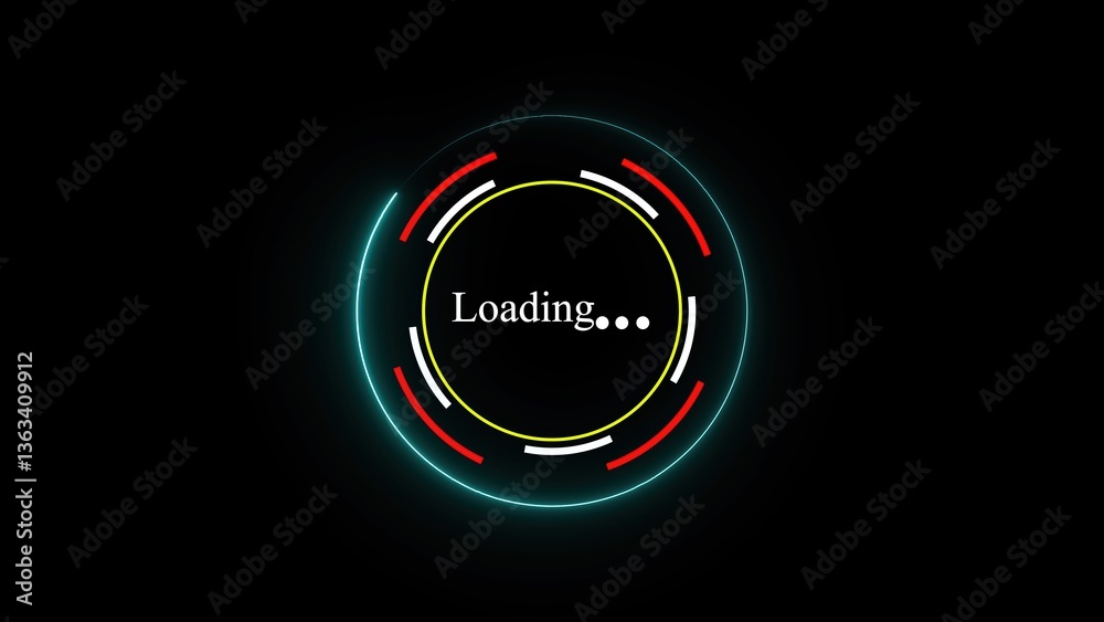 Poster circular loading animation with neon colors on dark background.