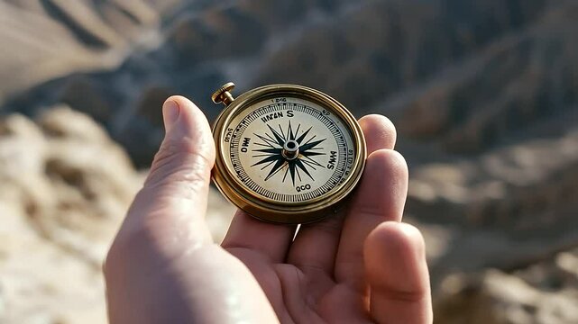 Close-up of a compass held in hand over rugged terrain