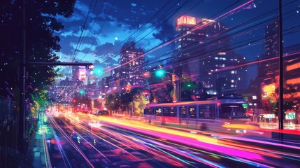 Night cityscape with colorful car light streaks in 169 ratio