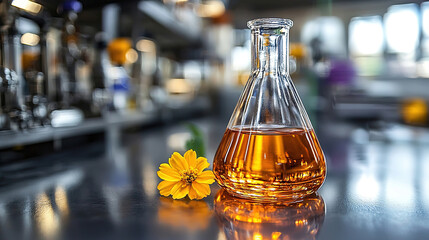Orange liquid in a lab flask surrounded by flowers during daylight hours in a scientific environment