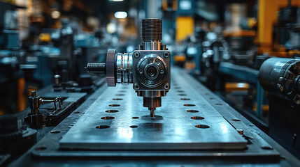 Close-up view of industrial machinery component in a manufacturing facility during the evening hours