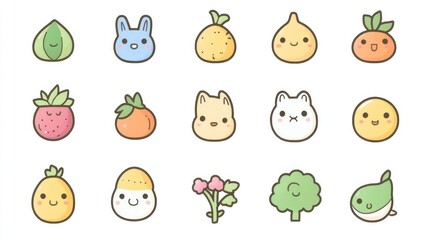 Cute cartoon fruits, vegetables, and animals; kawaii style icons; digital illustration; website design