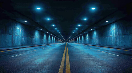 Expansive view of a modern underground tunnel illuminated by blue lights during nighttime