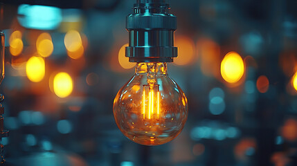 Close-up view of a glowing vintage light bulb surrounded by blurred warm lights at night in a cozy setting