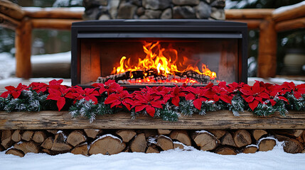 Cozy outdoor fireplace adorned with red poinsettias on a snowy winter day in a forest setting