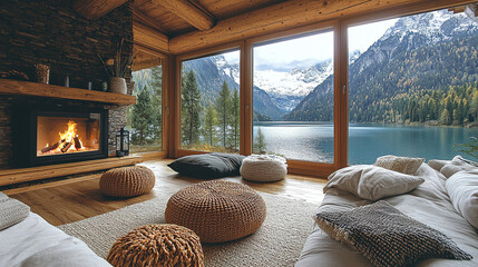 Cozy lakeside cabin interior with a fireplace and stunning mountain views during the day