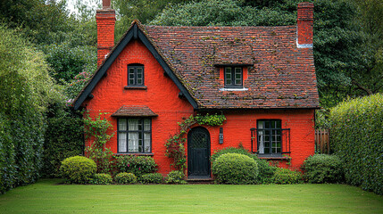 Charming red cottage surrounded by lush greenery in a tranquil setting during daylight hours