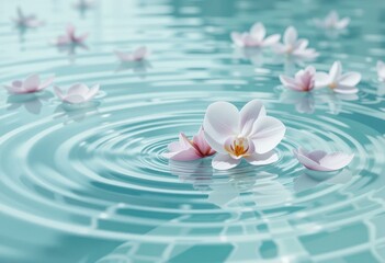Serene Pink White Orchids Floating Turquoise Water - Tranquil Wellness Self-Care Concept Spa Meditation Marketing Materials