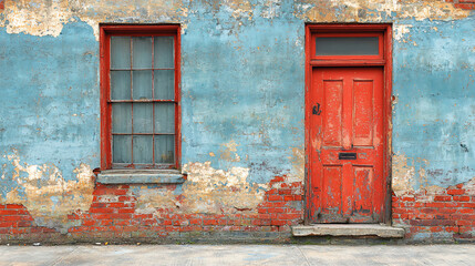 Weathered blue wall with a red door and window showcasing urban decay in a historic neighborhood