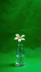 Single white flower in glass vase, misty green background, still life, green