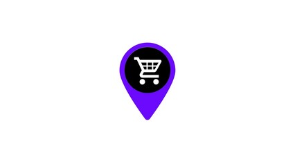 Shopping cart icon inside location pin on purple background.