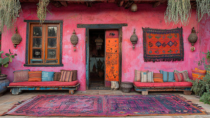 Vibrant pink adobe house with colorful textiles and seating in a sunny outdoor setting