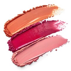  set of different colors of lipstick or eye shadow abstract brush stroke isolated on background, Beauty makeup product brush stroke swipe sample,High gloss swatch of lipstic, tint or blusher. 