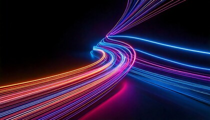 Glowing neon light trails forming curves isolated on dark themed background
