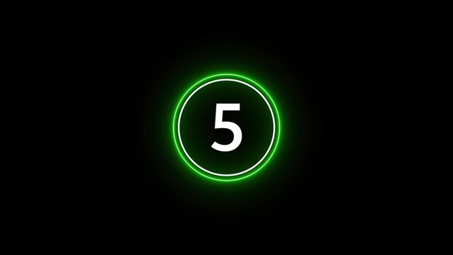 Glowing green circular countdown timer displaying number 5 on black background.