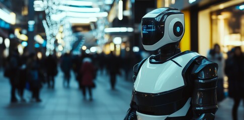 Obraz premium In a sleek suit and boasting a glossy LED display helmet, this robot stands confidently, representing the synergistic relationship between stock market indicators and professional outlook in