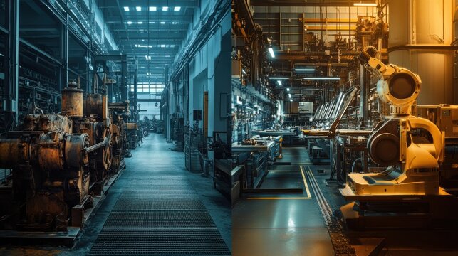 Transformation of industrial factory showcasing old machinery and a high-tech robotic assembly line with dynamic lighting and intricate details