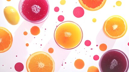 A colorful array of freshly squeezed juices and citrus fruits, showcasing vibrant colors and refreshing zest.