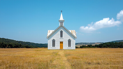 Historic white church stands alone in expansive grass field under clear blue sky