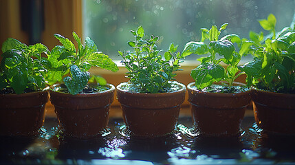 Growing herbs in small terracotta pots near a sunny window for culinary use and home gardening
