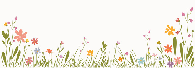 Beautiful spring meadow, colorful flowers and grass border on white background, vector illustration