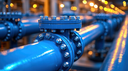 Industrial water pipes system with blue color and bright lights, showcasing infrastructure in a facility setting at night