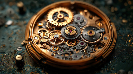 Intricate clockwork gears display fine craftsmanship and engineering at close range in an elegant timepiece assembly