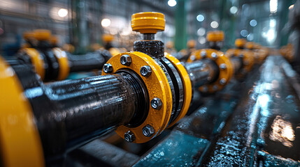 Industrial pipes with yellow fittings inside a factory during daytime operations