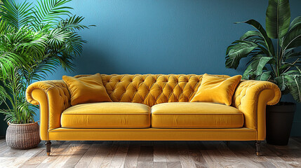 Stylish yellow tufted sofa against a blue wall with greenery in a modern living room setting