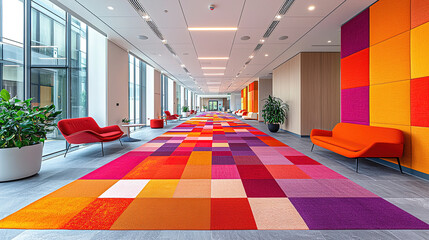 Modern hallway with colorful carpet and contemporary seating in a bright office space