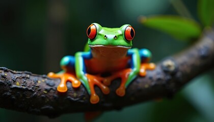 Naklejka premium Close-up photo of vibrant red-eyed tree frog perched on branch. Bright green, blue, orange colors. Exotic amphibian animal in jungle. Nature, wildlife photography.