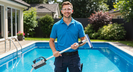 Pool repair worker smiling with cleaning equipment