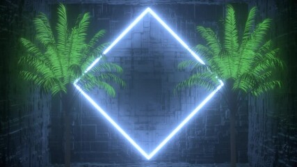 Frame border of palm trees and neon square frame on a dark background. Useful for displaying text and logos. Neon glowing square frame with exotic plants in seamless loop. - Powered by Adobe