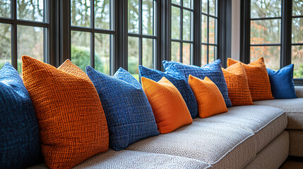 Brightly colored cushions adorn a cozy sofa by large windows in a tranquil setting