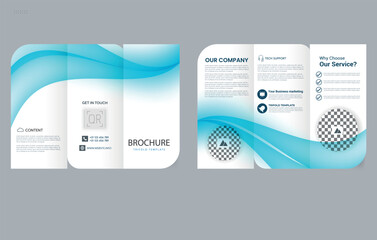 Trifold brochure template with light blue waves. Editable image.