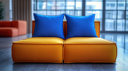 Brightly colored modern sofa with blue cushions in a spacious contemporary living room during daylight