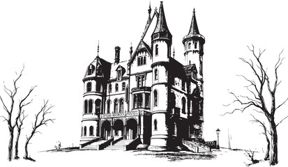 Old Gothic architecture, towers, castles. Hand drawn vector illustration