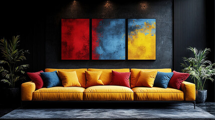 Vibrant living room with a yellow sofa and abstract wall art in a modern interior design setting