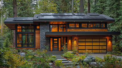 Modern eco-friendly house surrounded by tall trees with solar panels in a peaceful forest setting