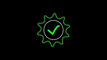 Stylized green check mark inside circular sunburst design on black background.